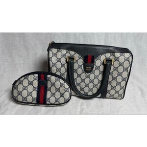 Vintage Gucci GG Blue Supreme Sherry Line Boston Bag & Matching Makeup Pouch